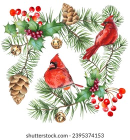 Watercolor Christmas wreath with red cardinal bird, poinsettia, pine cones, holly berry isolated on white background
