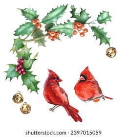 Watercolor Christmas wreath with red cardinal bird, poinsettia, pine cones, holly berry isolated on white background
