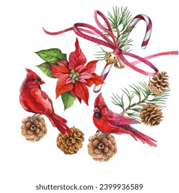 Watercolor Christmas wreath with red cardinal bird, poinsettia, pine cones, holly berry isolated on white background
