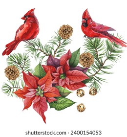 Watercolor Christmas wreath with red cardinal bird, poinsettia, pine cones, holly berry isolated on white background