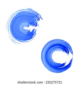 Watercolor circle, blue button. Brush. Vector illustration.