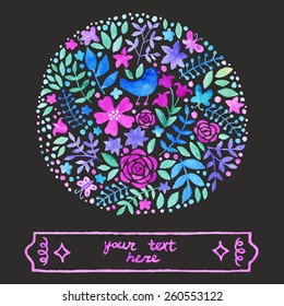 Watercolor circle design made of flowers. Floral card with bird and butterflies. Vector