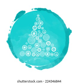 Watercolor circle paint stain and christmas tree silhouette. Stamp,  icon isolated on a white background. Abstract art. Logo design