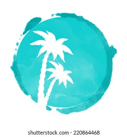  Watercolor circle paint stain and coconut palm trees silhouettes. Stamp,  icon isolated on a white background. Abstract art. Logo design