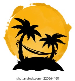  Watercolor circle paint stain and coconut palm trees silhouettes. Stamp,  icon isolated on a white background. Abstract art. Logo design