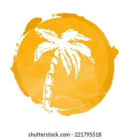 Watercolor circle paint stain and coconut palm tree silhouette. Stamp,  icon isolated on a white background. Abstract art. Logo design