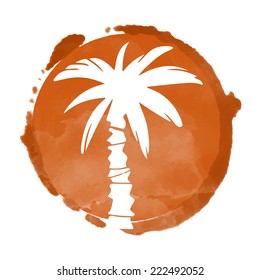  Watercolor circle paint stain and coconut palm trees silhouette. Stamp,  icon isolated on a white background. Abstract art. Logo design