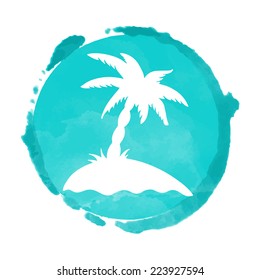 Watercolor circle paint stain and coconut palm tree silhouette. Stamp,  icon isolated on a white background. Abstract art. Logo design 