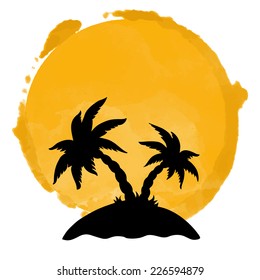  Watercolor circle paint stain and coconut palm trees silhouettes. Stamp,  icon isolated on a white background. Abstract art. Logo design