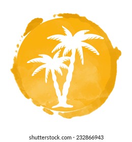  Watercolor circle paint stain and coconut palm trees silhouettes. Stamp,  icon isolated on a white background. Abstract art. Logo design