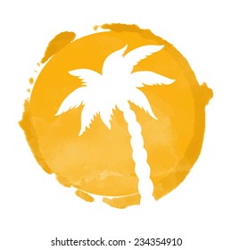 Watercolor circle paint stain and coconut palm tree silhouette. Stamp,  icon isolated on a white background. Abstract art. Logo design 