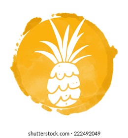  Watercolor circle paint stain and pineapple silhouette. Stamp,  icon isolated on a white background. Abstract art. Logo design