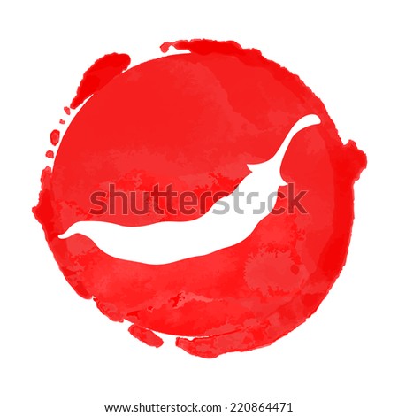 Watercolor circle paint stain and red hot chili pepper silhouette. Stamp,  icon isolated on a white background. Abstract art. Logo design