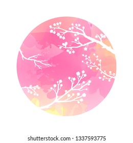 Watercolor circle in pink, yellow colors with blooming sakura branch silhouettes isolated on white background.