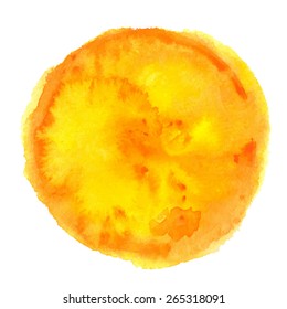 Watercolor circle round paint stain, sun, moon closeup isolated on a white background. Hand painting on paper