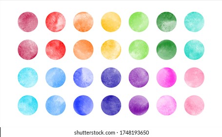 Watercolor circle shape stains, smears vector collection. Bright rainbow colors hand drawn spots, round smudges set. Colorful watercolour paint big dots illustration, design elements. Text background.