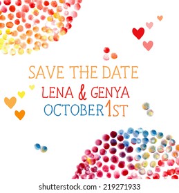 Watercolor circles background with place for text. Color hand drawn circles ornament. Round shapes. Wedding save the date