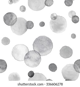 Watercolor circles black on white. Seamless pattern. Watercolor greyscale dotted background.