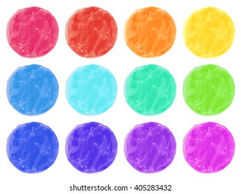 Watercolor circles isolated on white background. Colorful hand painted set. Vector illustration.