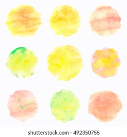 Watercolor circles isolated on white background. Colorful hand painted banners set. Autumn tints. Vector illustration.