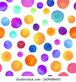 Watercolor circles seamless background pattern. Colorful dots  hand painted. Textile pattern, fabric swatch, wrapping paper. 