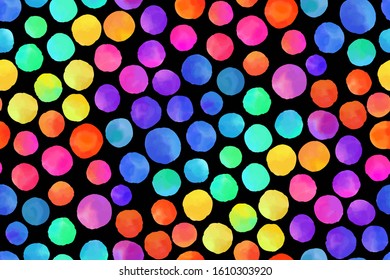 Watercolor circles seamless background pattern. Colorful dots  hand painted on black. Textile pattern, fabric swatch, wrapping paper. 
