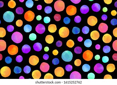 Watercolor circles seamless background pattern. Colorful dots  hand painted on black. Textile pattern, fabric swatch, wrapping paper. 
