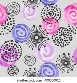 Watercolor circles seamless pattern. Abstract floral vector background. 