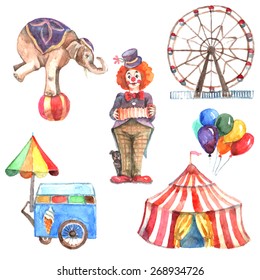 Watercolor circus decorative icons set with elephant clown and ferris wheel isolated vector illustration