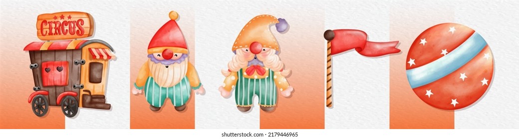 Watercolor Circus, Gnome and Clown illustrations. Watercolor hand-painted Circus set
