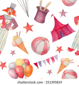 Watercolor Circus seamless pattern. Hand drawn vintage background with carnival objects: ice cream, air balloons, clown, rabbit in the hat illusion, ball and star. Vector cartoon texture