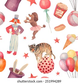 Watercolor Circus seamless pattern. Hand drawn vintage background with carnival objects: ice cream, air balloons, clown, rabbit in the hat, ball, stars, trained tiger and dog. Vector cartoon texture