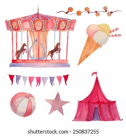 Watercolor Circus set. Hand drawn vintage carnival objects: ice cream, circus, carousel, garland, festoon bulbs, ball and star. Vector design elements