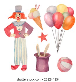 Watercolor Circus set. Hand drawn vintage carnival objects: ice cream, air balloons, clown, rabbit in the hat illusion, ball and star. Vector design elements