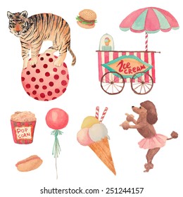 Watercolor Circus set. Hand drawn vintage objects: ice cream, air balloon, pop corn, hot dog, hamburger, tiger on ball and trained dog. Vector design elements