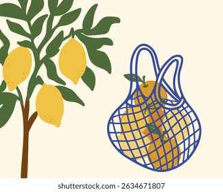 Watercolor Citrus Delight with Bright Orange and Lemon in Stylish Basket, Perfect for Home Decor, Hand-Drawn Vector Illustration.
