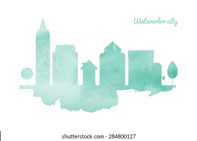 Watercolor city. Isolated. Hand drawn illustration with silhouettes of houses. Can be used for banner, cards etc. With space for your text.