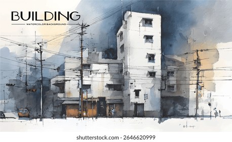 Ilustração da paisagem urbana em aquarela de edifícios e linhas de serviços públicos.