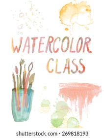 Watercolor class banner - background with brushes, stains, text