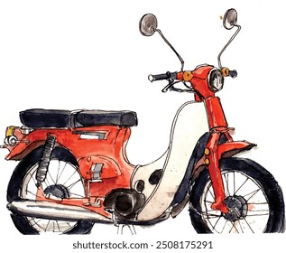 Acuarela de una clásica moto de engranajes de metal de estilo antiguo en rojo y blanco