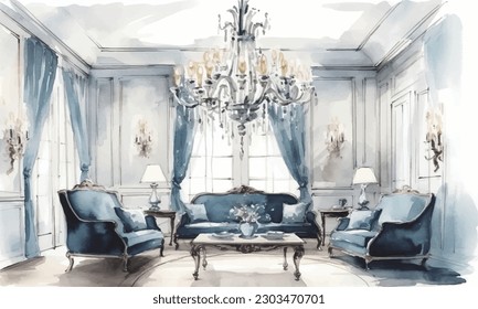 watercolor classic room and Trendy interior design with sofa svg