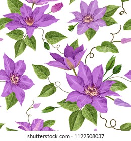 Watercolor Clematis Flowers. Floral Tropical Seamless Pattern for Wallpaper, Print, Fabric, Textile. Summer Background with Blooming Purple Flowers and Leaves. Vector illustration