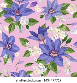 Watercolor Clematis Flowers. Floral Tropical Seamless Pattern for Wallpaper, Print, Fabric, Textile. Summer Background with Blooming Purple Flowers. Vector illustration