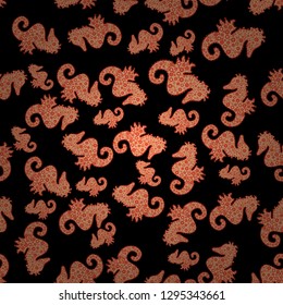 Watercolor. Clip Art. Picture. Illustration. Cute girly seamless drawn by hand. Seahorse isolated on red, black and beige background. Endless. Sketch, doodle, scribble.
