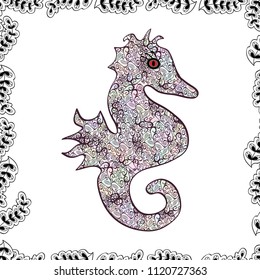 Watercolor. Clip Art. Vector. Sketch, doodle, scribble. Endless. Illustration. In simple style. Seahorse isolated on white, neutral and purple background. Picture. Cute girly seamless drawn by hand.