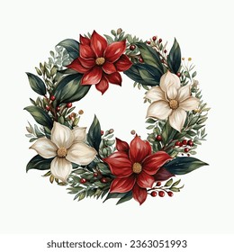 watercolor clipart of a Christmas Wreaths and Flowers, colorful, printing, isolated on white background