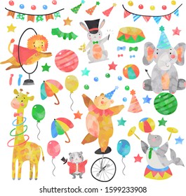 Watercolor Clipart Circus, Lion, Elephant, Giraffe, Seal, Hamster, Bunny, Children Illustration, Vector