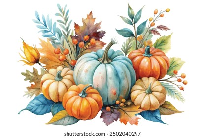 Watercolor clipart, Floral arrangement with pumpkins, seasonal flowers, and berries, Fall bouquet, Hand-painted orange and blue gourds with autumn foliage