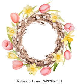 Watercolor Clipart Of A Wreath Made From Willow, Tulips, And Daffodils Illustrates A Spring Theme