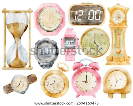 Watercolor Clock Illustration Set, Timepiece, Vintage, Modern, Pocket Watch, Alarm Clock, Digital Watch, Hourglass, Grandfather Clock, Wristwatch, Home Decor, Hand Painted, Realistic, Artistic